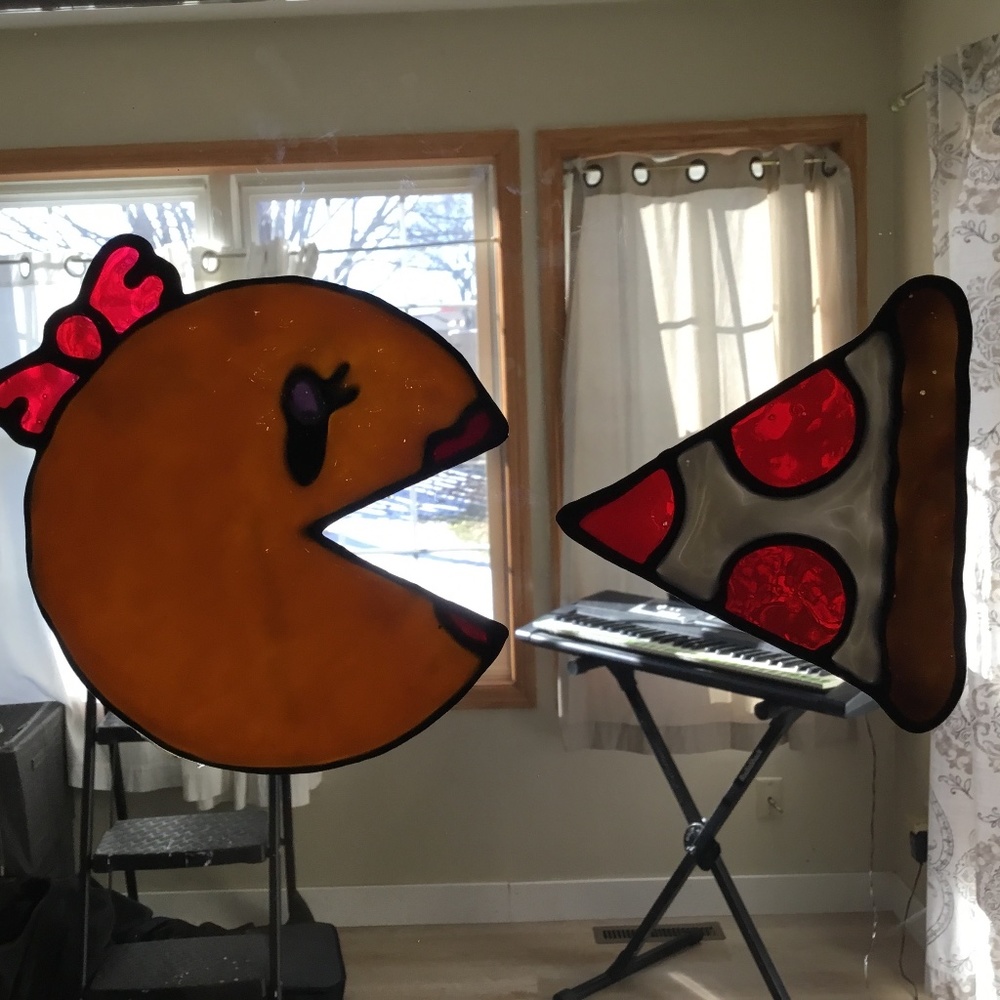 NEW, MS. PAC-MAC eating a slice of Pizza-Painted Stained Glass Cling